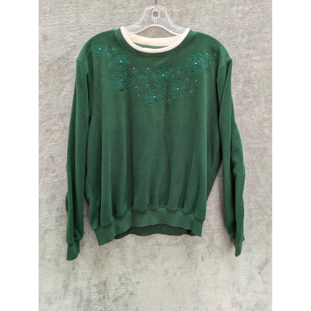 Cottagecore Fleece Sweatshirt Women Medium Green Floral Embroidered  Grannycore